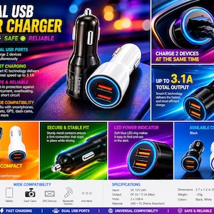 Könnte beinhalten: Ein duales USB-Autoladegerät in Schwarz und Weiß mit zwei orangefarbenen USB-A-Anschlüssen und einem blauen LED-Ring. Das Gerät bietet eine Gesamtausgangsleistung von 3,1 A, einen 12V-24V Eingang und misst 68 x 31 mm. Kompatibel mit Smartphones.