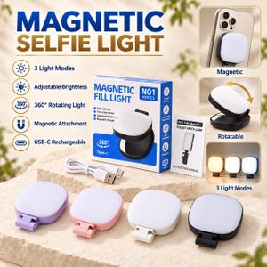 May include: A magnetic selfie light set featuring four portable square lamps in lavender, pink, white, and black. The set includes a white USB-C charging cable, an instruction manual, and a blue and white product box labelled Magnetic Fill Light.