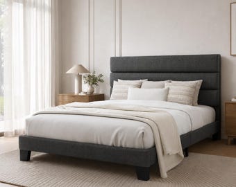 Queen Upholstered Platform Bed Frame, Dark Grey Fabric Headboard, Wooden Slats Support