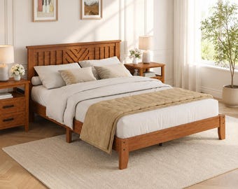 Queen Platform Bed Frame, Wooden Bed with V-Pattern Headboard