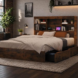 May include: A rustic dark brown wood bed frame featuring an integrated headboard with multiple open storage shelves. The bed includes a low-profile base with pull-out storage drawers underneath, paired with a white mattress and orange accent pillows.