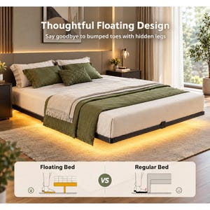 May include: A platform bed frame with a floating design and integrated under-bed lighting. The bed features a cream-colored mattress, olive green pillows, and a matching throw blanket. Text reads: Thoughtful Floating Design, Say goodbye to bumped toes with hidden legs, Floating Bed vs Regular Bed.