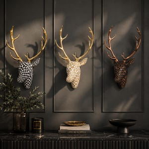 Geometric Deer Head Wall Decor, Stag Wall Mount, Cottagecore Decor, Modern Animal Wall Art, Gold Antlers, Luxury Home Decor