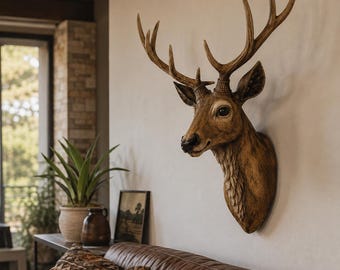 Deer Head Wall Decor, Faux Taxidermy Stag Head, Rustic Cabin Wall Art, Resin Deer Sculpture, Woodland Lodge Decor, Antler Wall Hanging