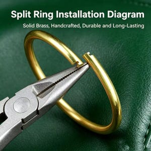 May include: A gold-colored metal split ring being opened by a pair of silver-toned needle-nose pliers. The text Split Ring Installation Diagram and Solid Brass, Handcrafted, Durable and Long-Lasting is visible at the top of the image.