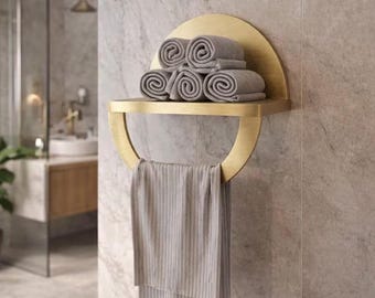 Solid Brass Towel Racks & Rods with Floating Shelf Decor Bathroom Towel Holder, Hanger Ring