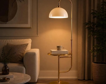 Modern Brass Arc Floor Lamp with Tray Table | Mid Century Reading Accent Light