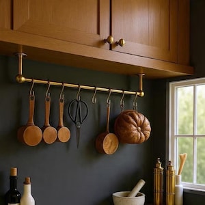 Solid Brass Pot Rack, Wall Mounted Kitchen Rail with S Hooks, Farmhouse Organizerg
