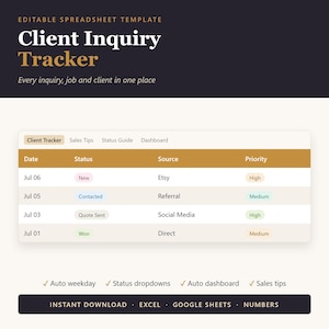 Modèle Excel de suivi des clients | CRM pour les indépendants Petite entreprise | Feuille de calcul de gestion de la clientèle | Téléchargement instantané modifiable