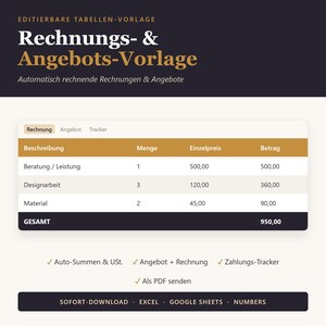 Könnte beinhalten: Eine digitale Tabellenvorlage für Rechnungen und Angebote mit einer dunklen Kopfzeile mit dem Text Rechnungs- & Angebots-Vorlage, einer Tabelle mit Spalten für Beschreibung, Menge, Einzelpreis und Betrag sowie einer Fußzeile mit Excel, Google Sheets und Numbers.