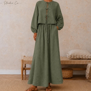 Cotton Matching Set, Tie Front Blouse & Maxi Skirt Two Piece Outfit