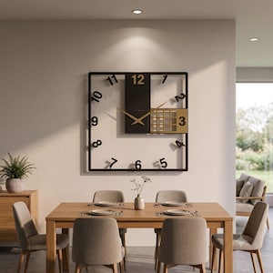 Puede incluir: Un reloj de pared cuadrado con marco negro y números negros del 3 al 11 dispuestos alrededor del borde. El centro incluye un panel vertical negro con un 12 dorado y manecillas doradas, junto a una sección de rejilla dorada cerca del número 3.