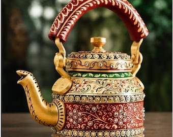 Hand Painted Indian Floral Metal Tea Kettle, Decorative Boho Farmhouse Accent