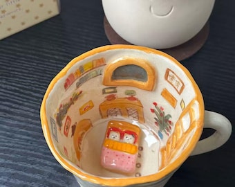 Tazza in ceramica fatta a mano, con scena di casa in miniatura, tazza da caffè fantasiosa per raccontare storie (A041)