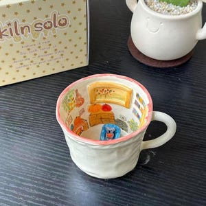 Hand Painted Ceramic Mug, Unique Artisan Coffee Cup, Colorful Stoneware Mug, One of a Kind Ceramic Gift,Graduation gift,Miniature Art(A048)