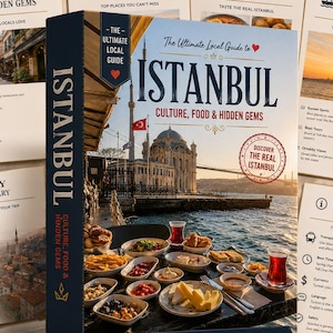 Pode incluir: Um guia de viagem digital intitulado The Ultimate Local Guide to Istanbul: Culture, Food & Hidden Gems. A capa mostra uma mesa com chá e comida turca com vista para uma mesquita à beira-mar, rodeada por páginas informativas.