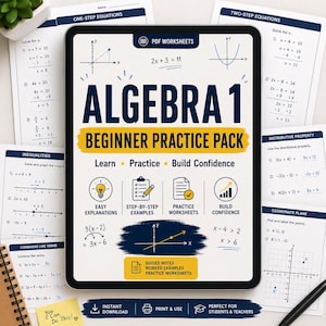 May include: A digital tablet displaying an Algebra 1 Beginner Practice Pack cover with math equations, graphs, and icons. The screen features the text Algebra 1 Beginner Practice Pack, Learn, Practice, Build Confidence, and PDF Worksheets.