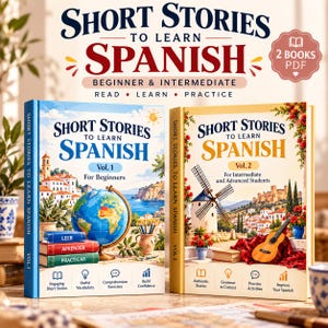 May include: Two educational books titled Short Stories to Learn Spanish, Volume 1 for Beginners and Volume 2 for Intermediate and Advanced Students. The covers feature illustrations of a globe, a windmill, and a guitar with text.
