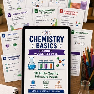 May include: A tablet displaying a Chemistry Basics beginner worksheet pack with 10 printable pages, surrounded by educational cards numbered 1 through 10 covering topics like atoms, periodic table basics, and chemical bonds, with a glass beaker nearby.