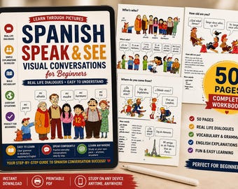 Könnte beinhalten: Ein digitales Tablet zeigt das Cover eines Spanisch-Lernbuchs mit dem Titel Spanish Speak & See Visual Conversations for Beginners, daneben liegen zwei aufgeschlagene Seiten mit illustrierten Dialogen, Vokabeln und Grammatikübungen.