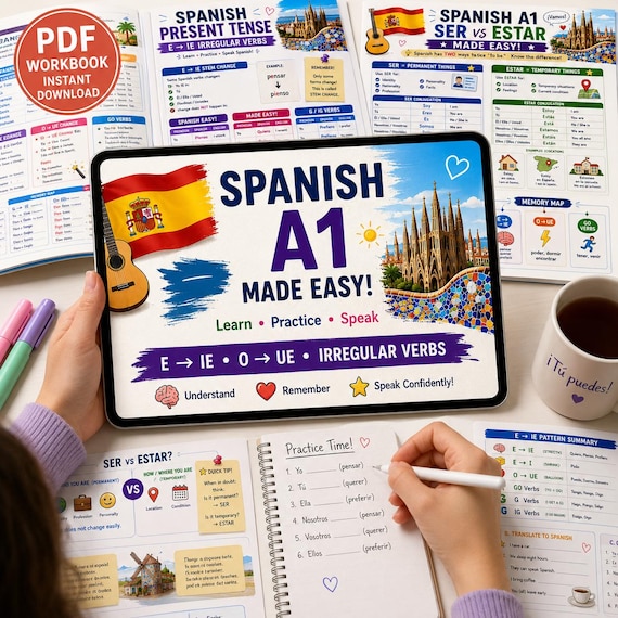 Colorful Spanish A1 Printable PDF Workbook with Interactive Learning Activities and Instant Download