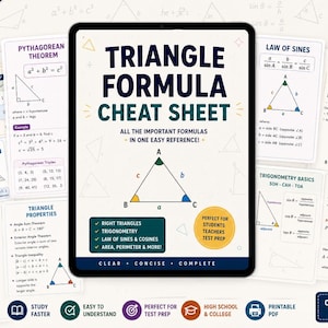 May include: A digital tablet displaying a Triangle Formula Cheat Sheet with 12 pages of essential formulas. The screen shows a central triangle diagram with labels A, B, and C, surrounded by various mathematical reference cards for trigonometry.