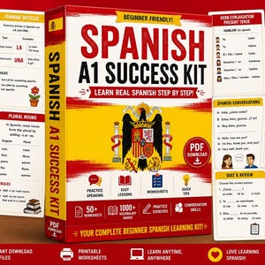 K&ouml;nnte beinhalten: Ein Spanish A1 Success Kit Lernbox-Set in Rot und Gelb mit dem spanischen Wappen. Das Set enth&auml;lt Lernkarten zu Personalpronomen, Verbkonjugationen, Vokabeln und &Uuml;bungen f&uuml;r Anf&auml;nger, die Schritt f&uuml;r Schritt Spanisch lernen m&ouml;chten.