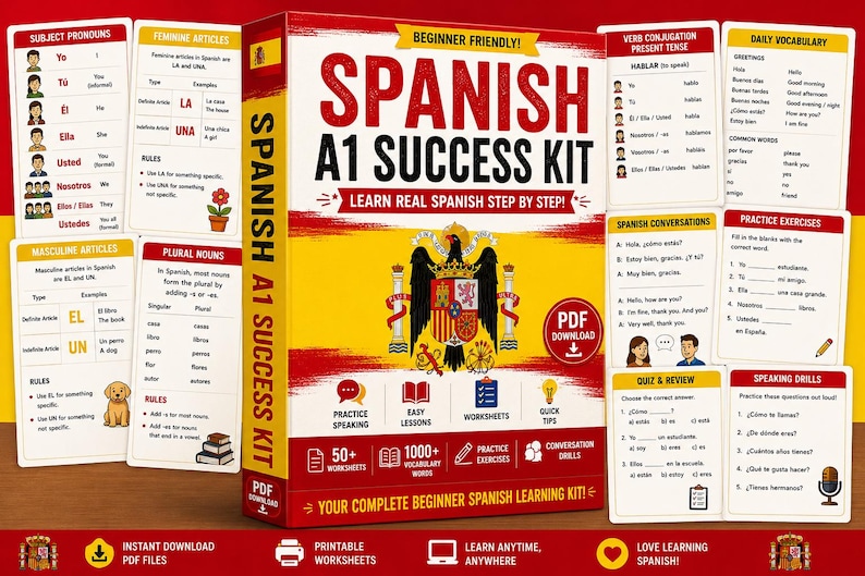 K&ouml;nnte beinhalten: Ein Spanish A1 Success Kit Lernbox-Set in Rot und Gelb mit dem spanischen Wappen. Das Set enth&auml;lt Lernkarten zu Personalpronomen, Verbkonjugationen, Vokabeln und &Uuml;bungen f&uuml;r Anf&auml;nger, die Schritt f&uuml;r Schritt Spanisch lernen m&ouml;chten.