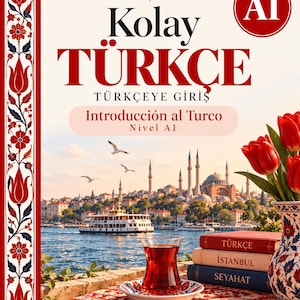Può includere: Un libro per l'apprendimento della lingua intitolato Kolay Türkçe con un bordo di tulipani rossi e bianchi. La copertina mostra Istanbul con un traghetto, un bicchiere di tè su un piattino e tre libri etichettati Türkçe, Istanbul e Seyahat.