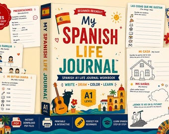 Könnte beinhalten: Ein My Spanish Life Journal Arbeitsbuch mit cremefarbenem Einband, illustriert mit einer spanischen Flagge, einer Gitarre, einem Stier und einem Gebäude. Der Text lautet My Spanish Life Journal, Beginner Friendly und A1 Level. Arbeitsblätter liegen bei.