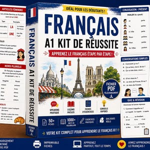Könnte beinhalten: Ein Französisch A1 Lernset mit einer Box, die den Eiffelturm und Notre-Dame zeigt, umgeben von Lernkarten zu Grammatik und Vokabeln. Die Box trägt die Aufschrift FRANÇAIS A1 KIT DE RÉUSSITE.