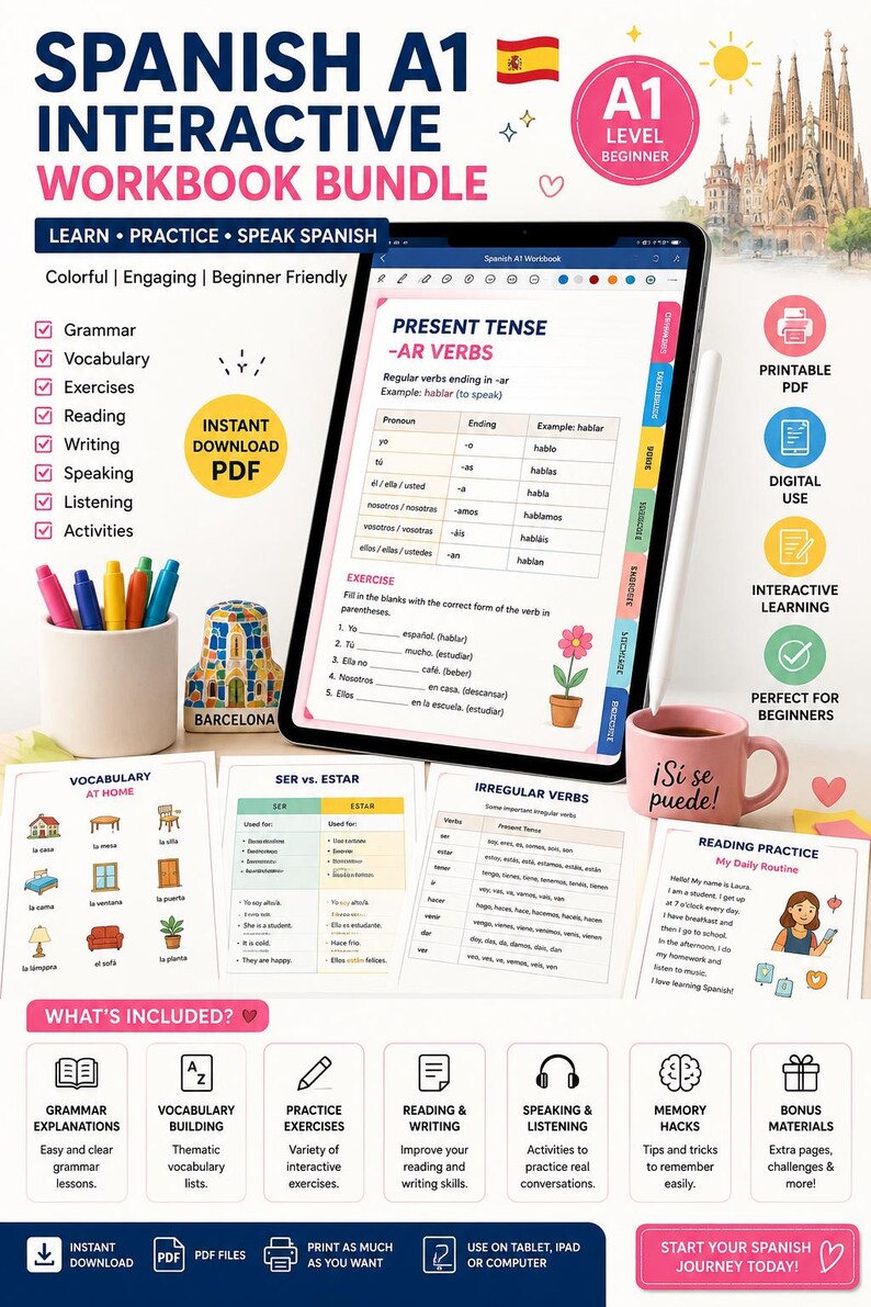 K&ouml;nnte beinhalten: Ein interaktives Spanisch A1-Arbeitsbuch-Paket mit einem digitalen Tablet, das Konjugationstabellen anzeigt, sowie gedruckten Arbeitsbl&auml;ttern, einem Stiftehalter mit bunten Stiften und einer rosa Tasse mit der Aufschrift &iexcl;Si se puede!