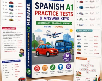 Könnte beinhalten: Ein Spanisch A1 Übungsbuch mit Lösungsschlüsseln, das ein weißes Cover mit einer Illustration eines roten Autos, eines blauen Busses und eines Flugzeugs zeigt. Das Buch ist von Beispielseiten umgeben, die Vokabeltests, Leseverständnis und Kreuzworträtsel zeigen.