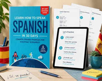 Könnte beinhalten: Ein blaues Buch mit dem Titel Learn How to Speak Spanish in 30 Days mit einem Download-Symbol, neben einem Tablet mit spanischen Übungssätzen, ausgedruckten Lernblättern, einem Stift, einer kleinen Sukkulente und einer spanischen Flagge.
