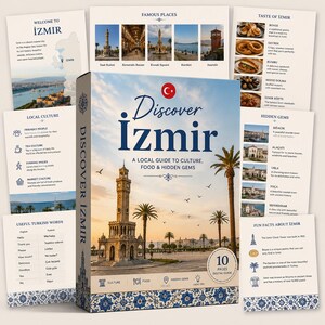 Peut inclure: Un guide numérique de 10 pages intitulé Discover Izmir, présentant une image centrale de la tour de l'horloge d'Izmir sous un ciel bleu avec des palmiers. Le guide comprend des fiches d'information détaillant la culture locale, la gastronomie, les lieux célèbres, les trésors cachés et des mots turcs utiles avec leurs traductions.