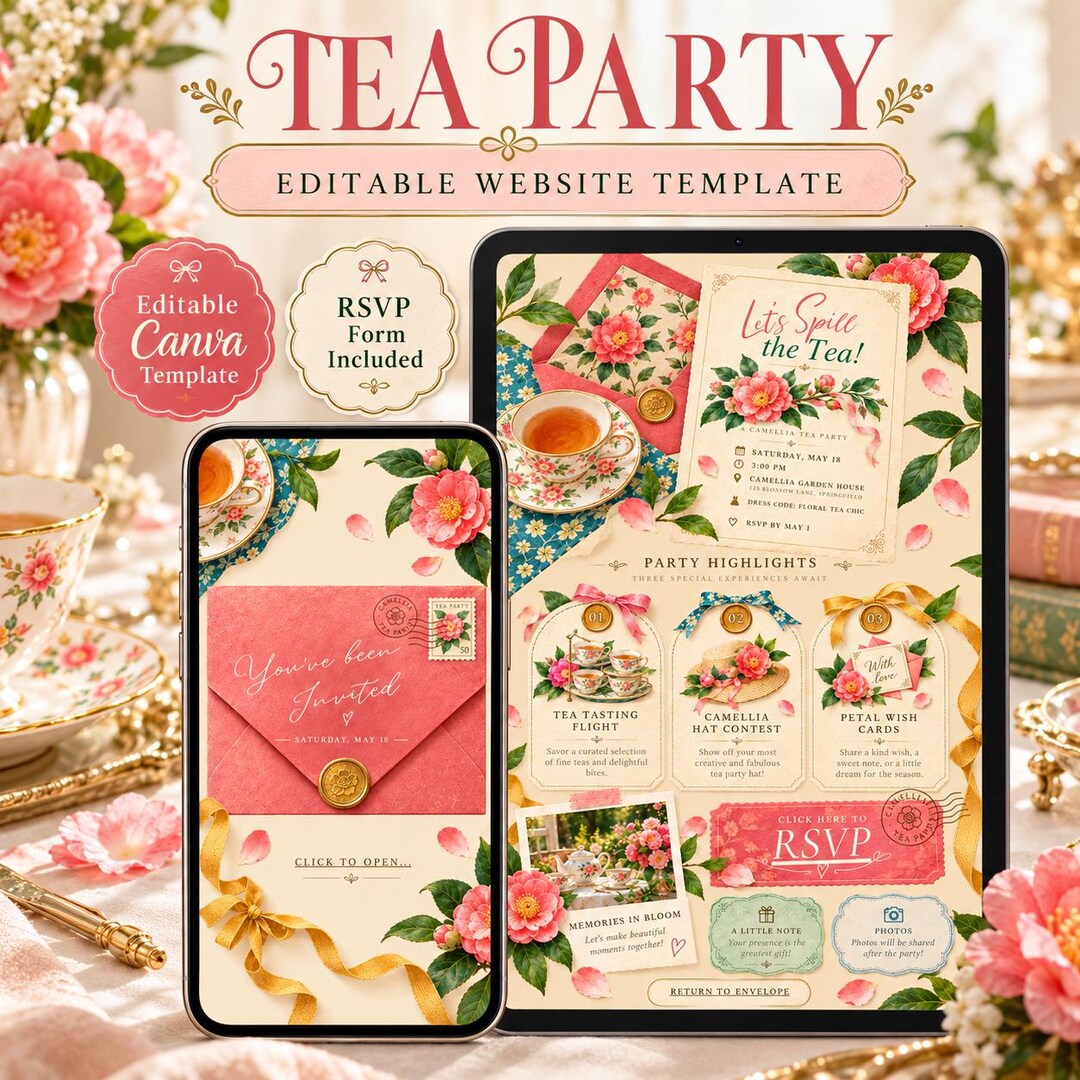 Camellia Tea Party Invitation Template, RSVP, Editable Canva Template ...