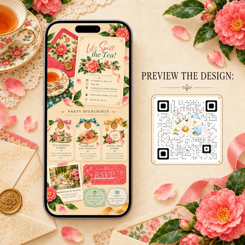 Camellia Tea Party Invitation Template, RSVP, Editable Canva Template ...