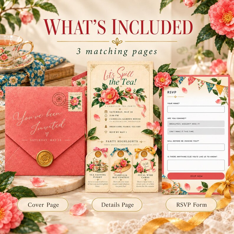 Camellia Tea Party Invitation Template, RSVP, Editable Canva Template ...