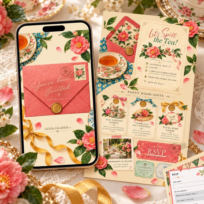 Camellia Tea Party Invitation Template, RSVP, Editable Canva Template ...