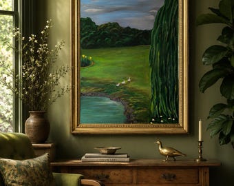 Original Whimsical Landscape Painting – Three Geese, Weeping Willow Pond Scene