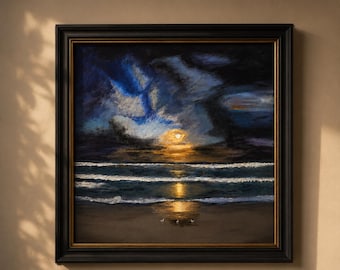 Oryginalny obraz „Moody Ocean” – Teksturowany obraz akrylowy „Zachód słońca na plaży” – Płótno z krajobrazem „Nocturne Wave”