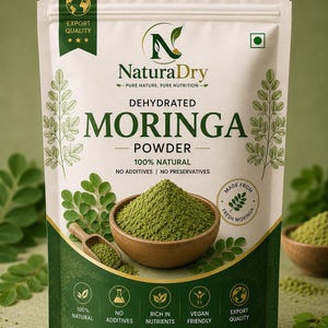 May include: A white and dark green stand-up pouch of NaturaDry dehydrated moringa powder. The packaging features a wooden bowl filled with green powder, a small wooden scoop, and text including 100% natural, no additives, and net weight 250g.