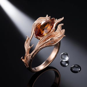 May include: A rose gold ring featuring a marquise-cut amber-colored gemstone set within a textured, organic metal band that resembles stylized leaves or petals, accompanied by two small, clear, spherical droplets on the surface.