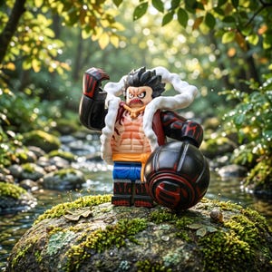 May include: A plastic minifigure character with spiky black hair, a white scarf, and a muscular torso with red markings. The figure wears blue shorts, black boots with red accents, and has large black and red spherical hands in a dynamic pose.
