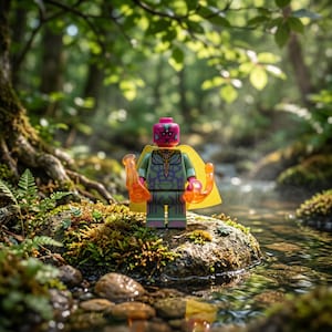 Puede incluir: Una minifigura LEGO de Vision con cabeza magenta, torso y piernas verdes con detalles de líneas verde oscuro y una capa amarilla. La figura tiene efectos de energía naranja translúcidos en las manos y está de pie sobre una roca cubierta de musgo.