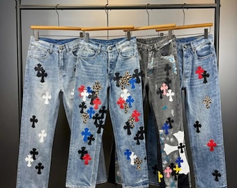 Unisex Cross Patch Jeans, Y2K Streetwear Denim, Gothic Punk Skater Pants