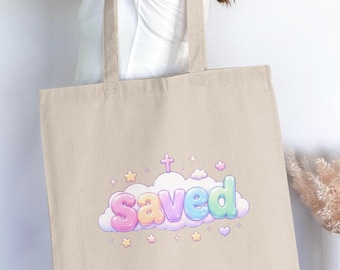 Saved Christian Faith Tote Bag, Pastel Cross Aesthetic, Cute Bubble Letter Spiritual Gift for Her, Religious Tote