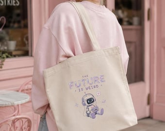 The Future Is Weird Tote Bag | Cute Robot Aesthetic Kawaii Grunge Shopper Bag | Pastel Goth Space Listener Gift