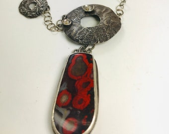 Reticulated Sterling Silver, 14K Gold, and Morgan Hill Poppy Jasper Necklace
