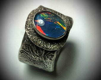 Reticulated Sterling Silver and Opal Triplet Ring